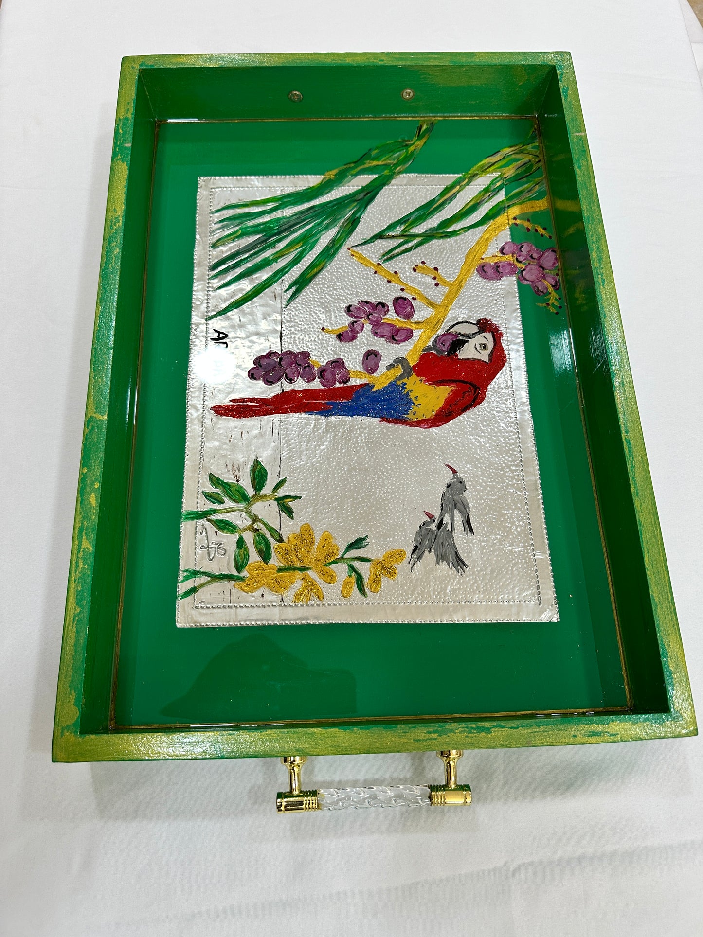 Tray Large Green with silver and Red Macao in Resin