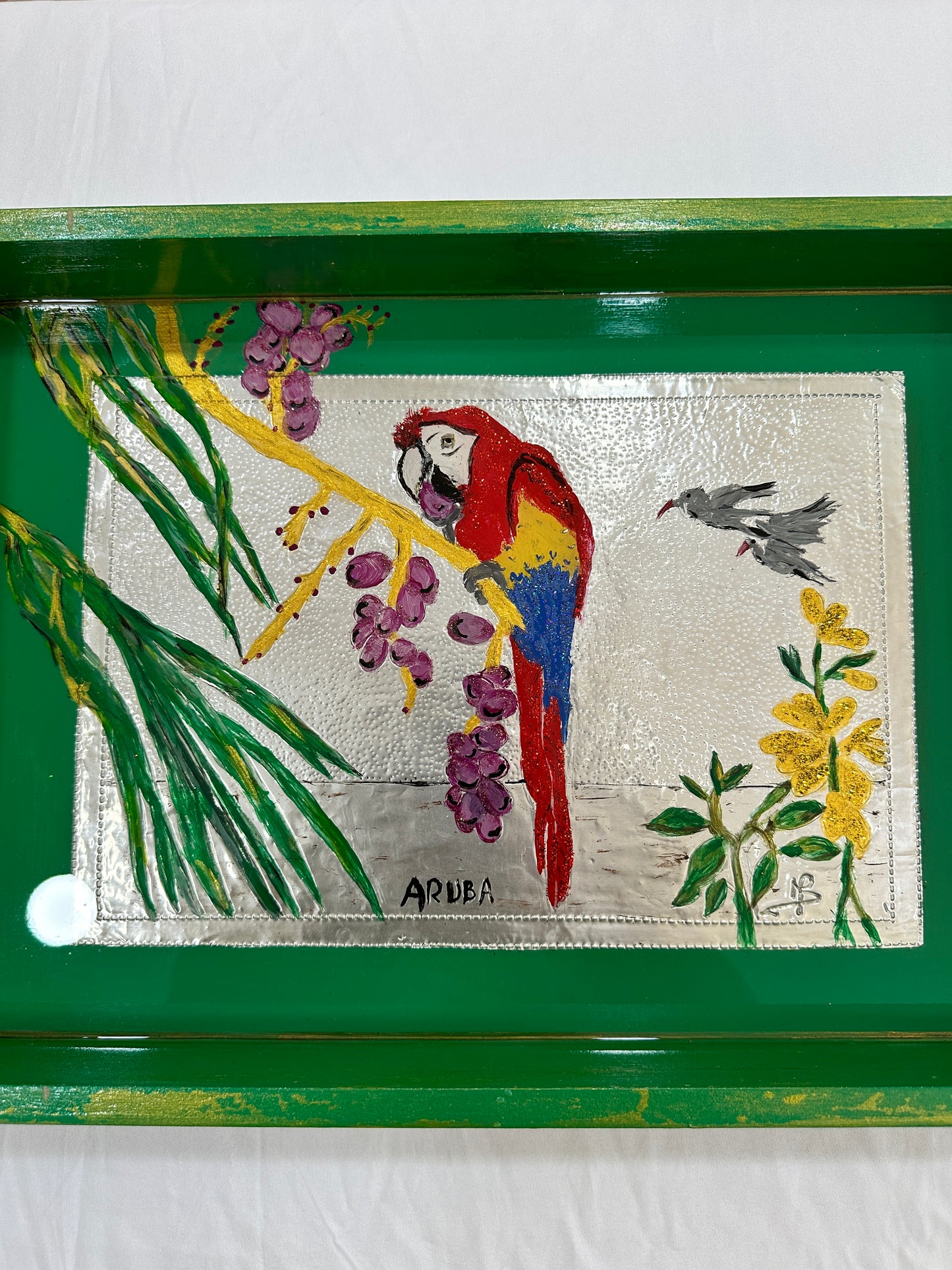 Tray Large Green with silver and Red Macao in Resin