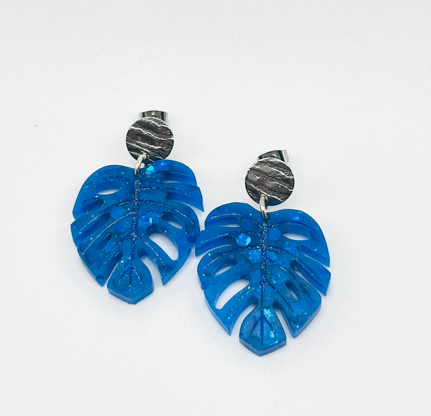 Blue Monstera Leaf Resin Earring