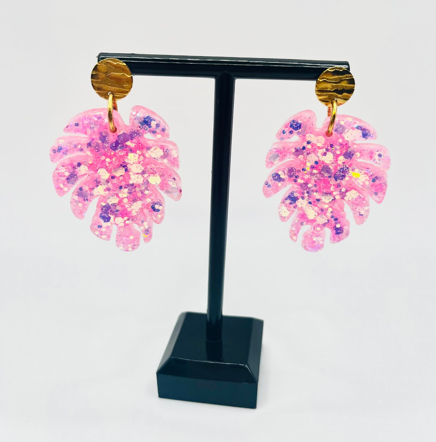 Pink Monstera Leaf Resin Earring