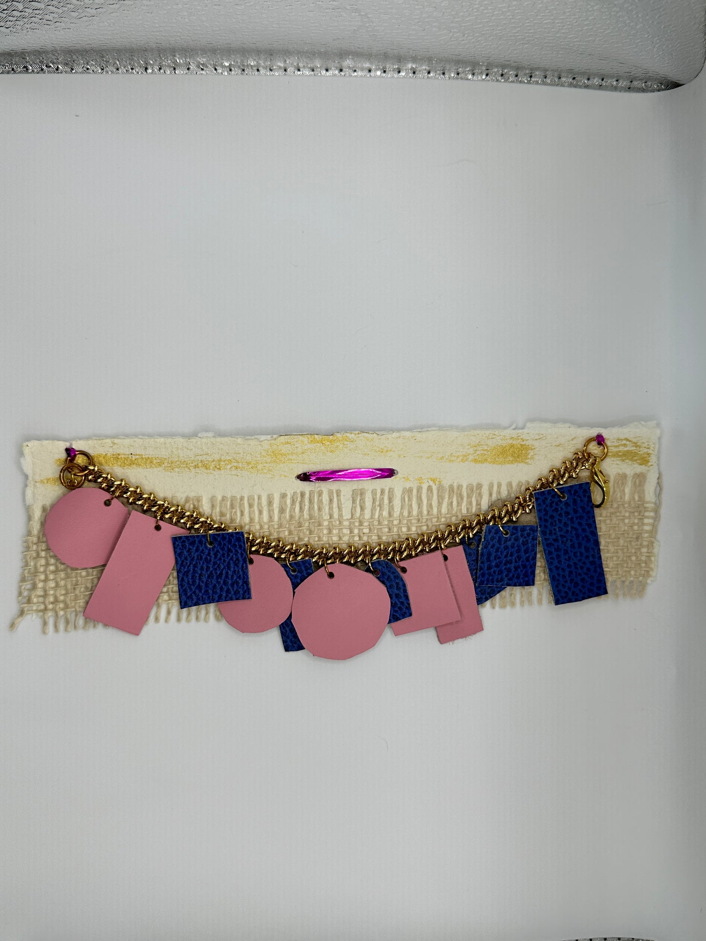 Bracelet with Leather Pink & Blue and Gold