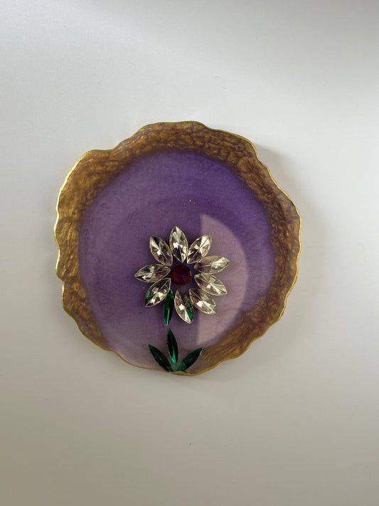Coaster Set (4) with Purple and Flower & Sparkle in Resin