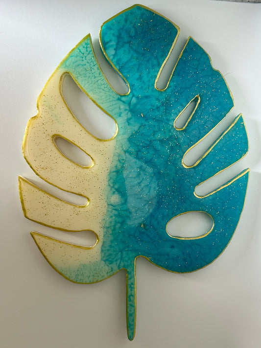 Coaster Single Large Mostera Leaf White and Blue in Resin