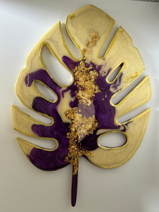 Coaster Single Large Mostera Leaf White and Purple in Resin