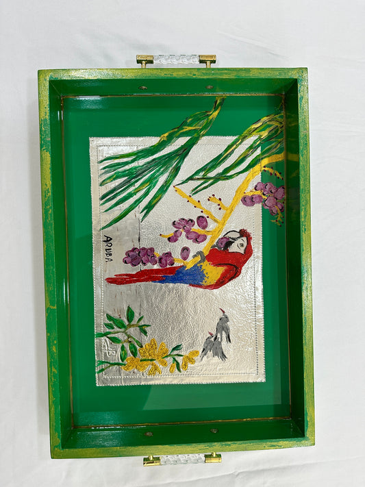 Tray Large Green with silver and Red Macao in Resin
