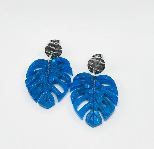 Blue Monstera Leaf Resin Earring