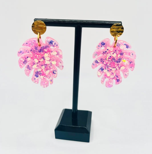 Pink Monstera Leaf Resin Earring
