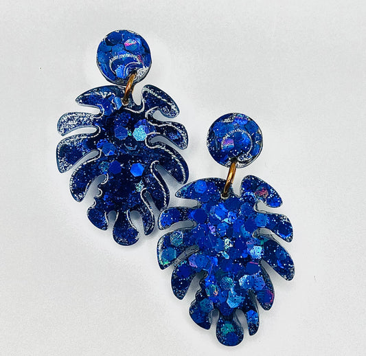 Blue Monstera Leaf Resin Earring