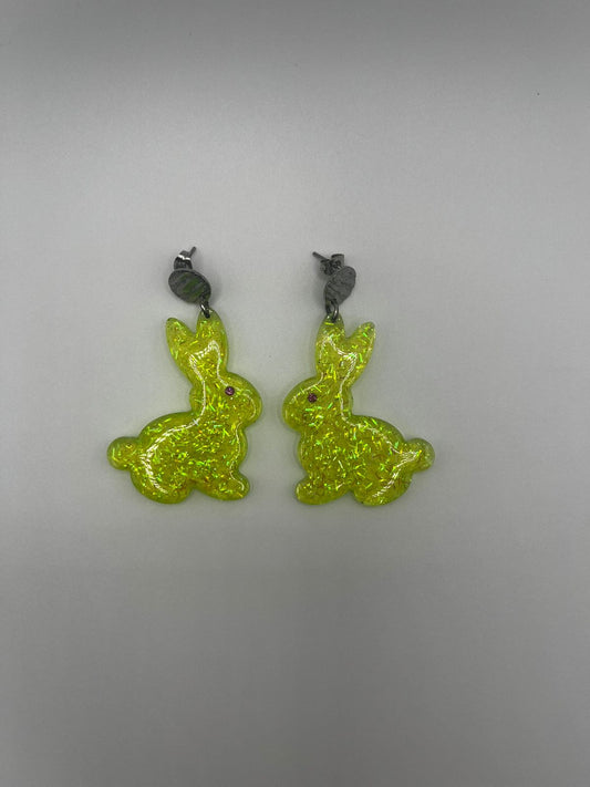 Neon Yellow Sparkle Bunny Resin Earring