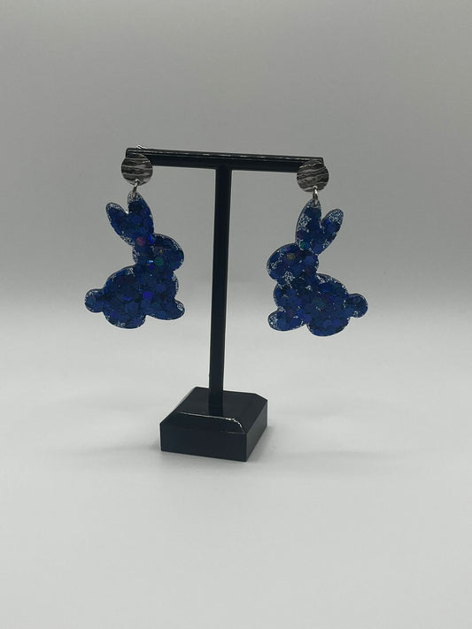 Dark Blu Sparkle Bunny Resin Earring