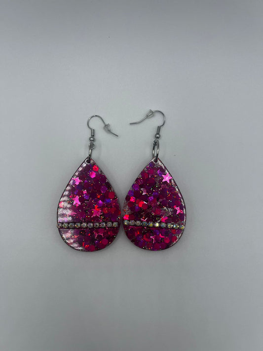 Dark Pink eyedrop shape with sparkle Resin Earring