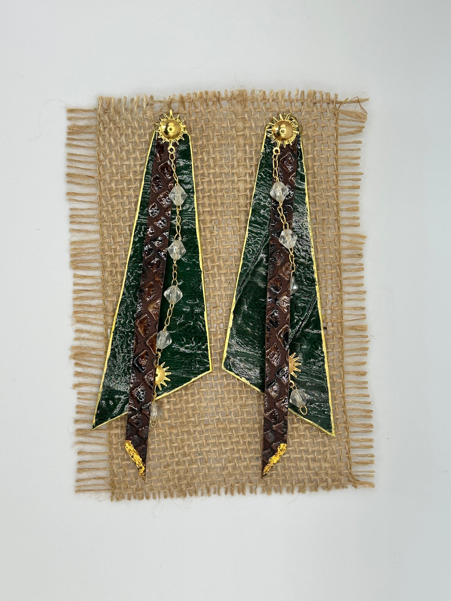 Green & Brown Leather Earring Gold