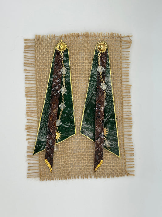 Green & Brown Leather Earring Gold