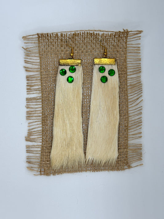 White Goat Fur with Green Stone Earring Gold